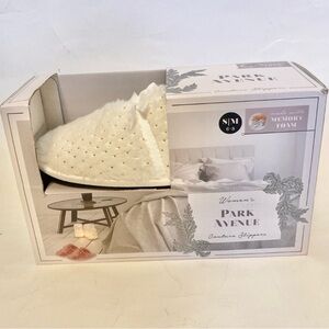 Cream White Gold Soft Fur Couture Slippers Memory Foam Size 6-8 S/M Park Avenue